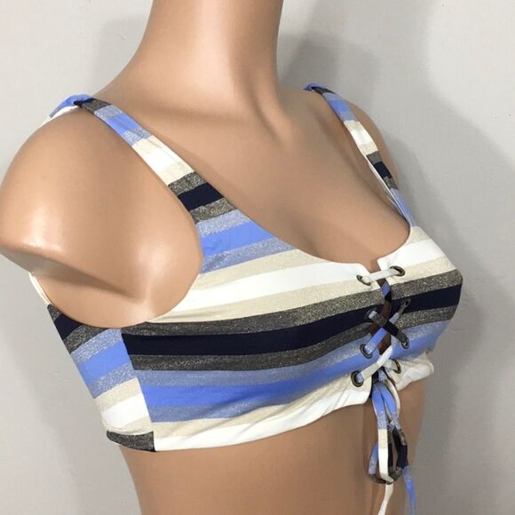 Rare. PILYQ metallic navy, blue, tan, cream stripe lace up bikini. NWT - Picture 7 of 14